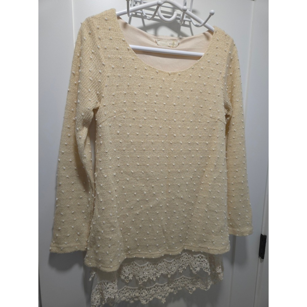 A'reve Cream Textured Pom-Pom Knit Tunic Top with Crocheted Floral Lace Hem S